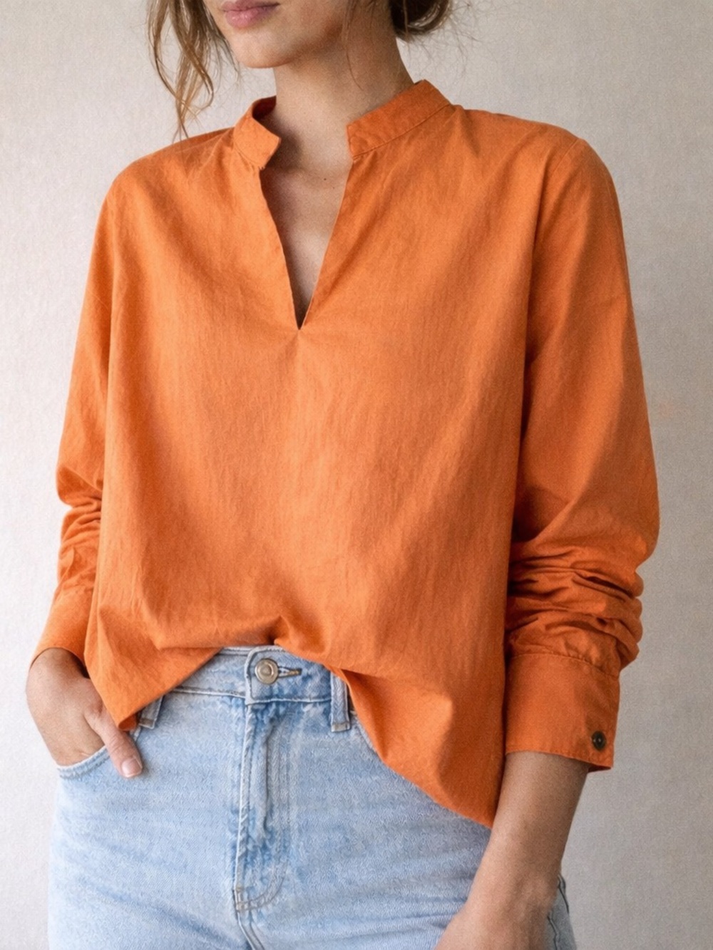 Harshman Orange Cotton Poplin Blouse XS Split Neck Minimalist Coastal Clean Girl